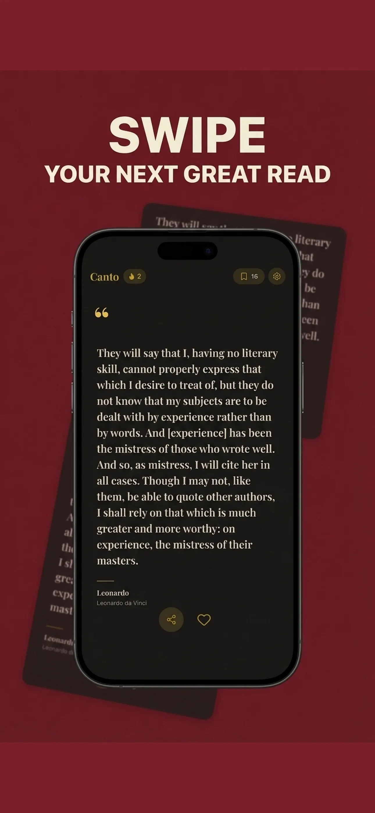 Canto's quote feed showing a passage from Leonardo da Vinci with a burgundy background and streak counter.