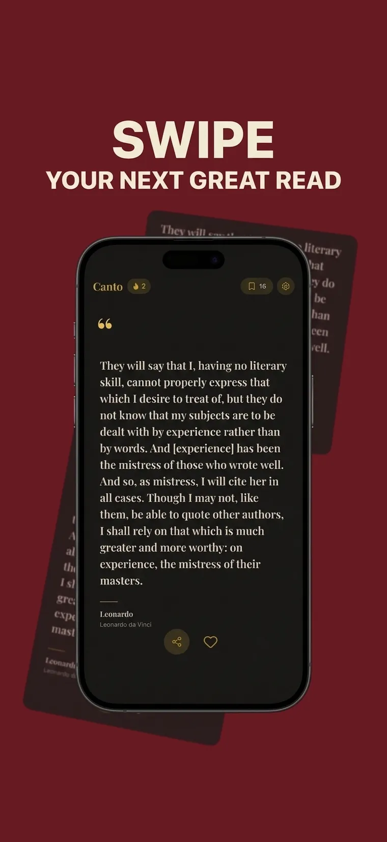 Canto feed showing a literary quote on a deep burgundy card