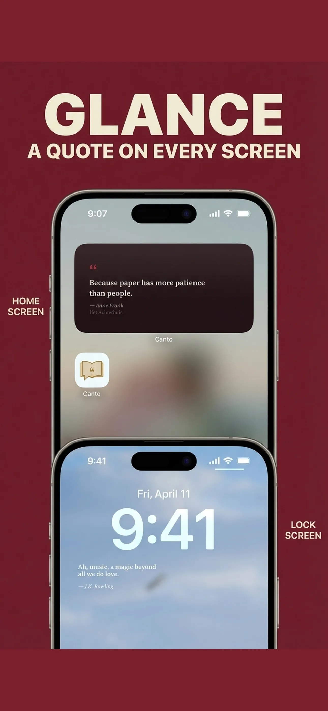 Two Canto widgets — a home-screen medium widget and a rectangular lock-screen widget — showing an Anne Frank quote.
