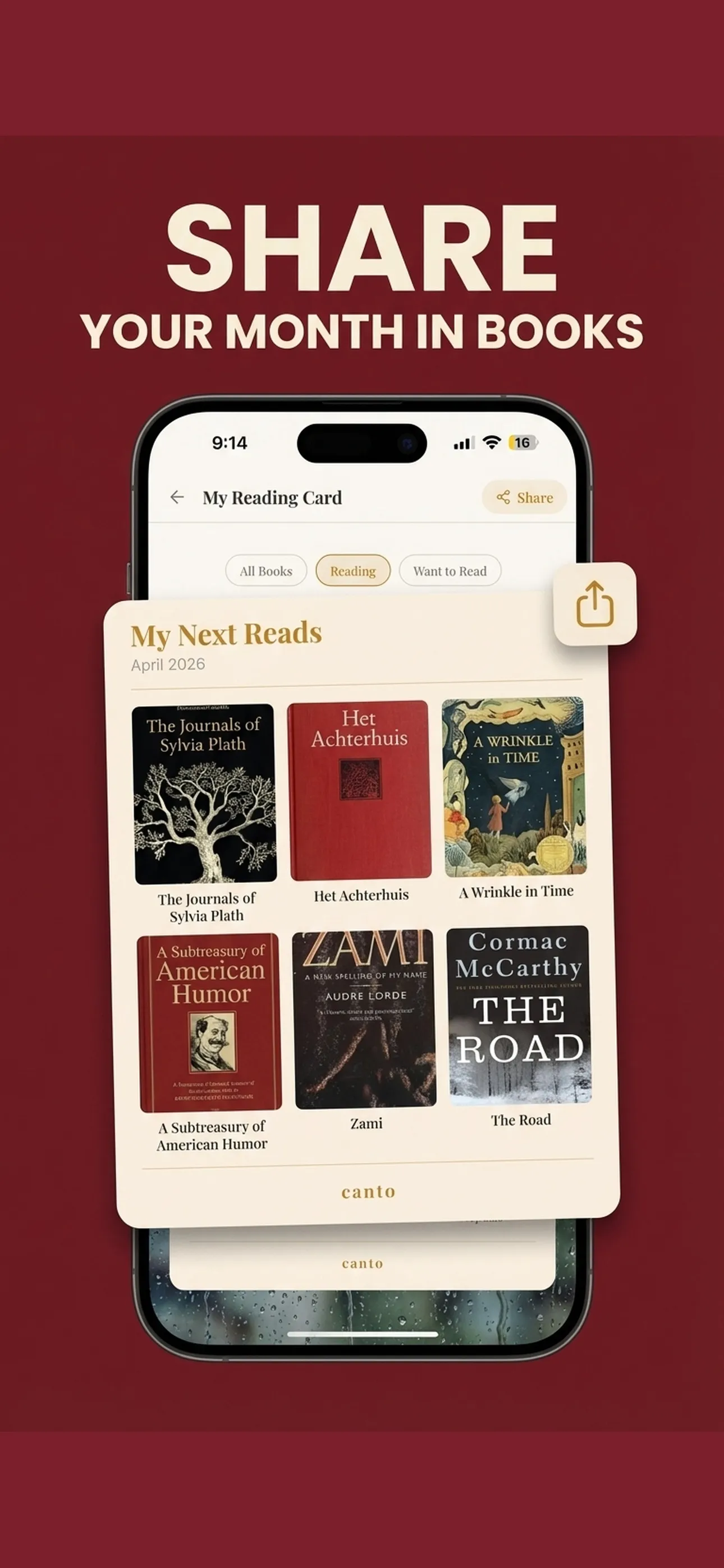 Canto's monthly reading card with book covers, saved quotes, and a minimalist caption.